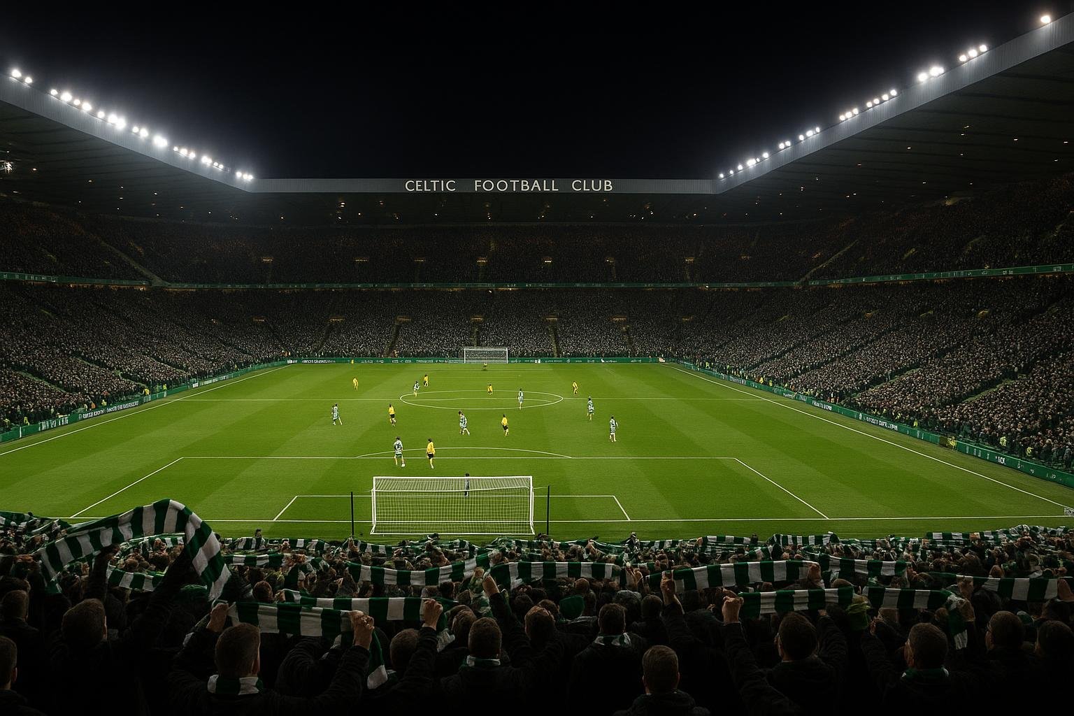 Overzichtsbeeld van een wedstrijd in het stadion van Celtic