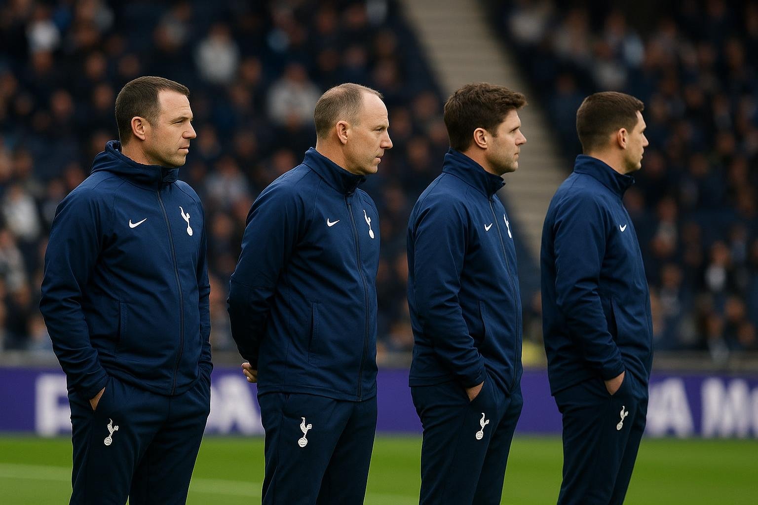 Sfeerbeeld aan het trainingscomplex van Tottenham Hotspur, met stafleden langs het veld zonder herkenbare gezichten.