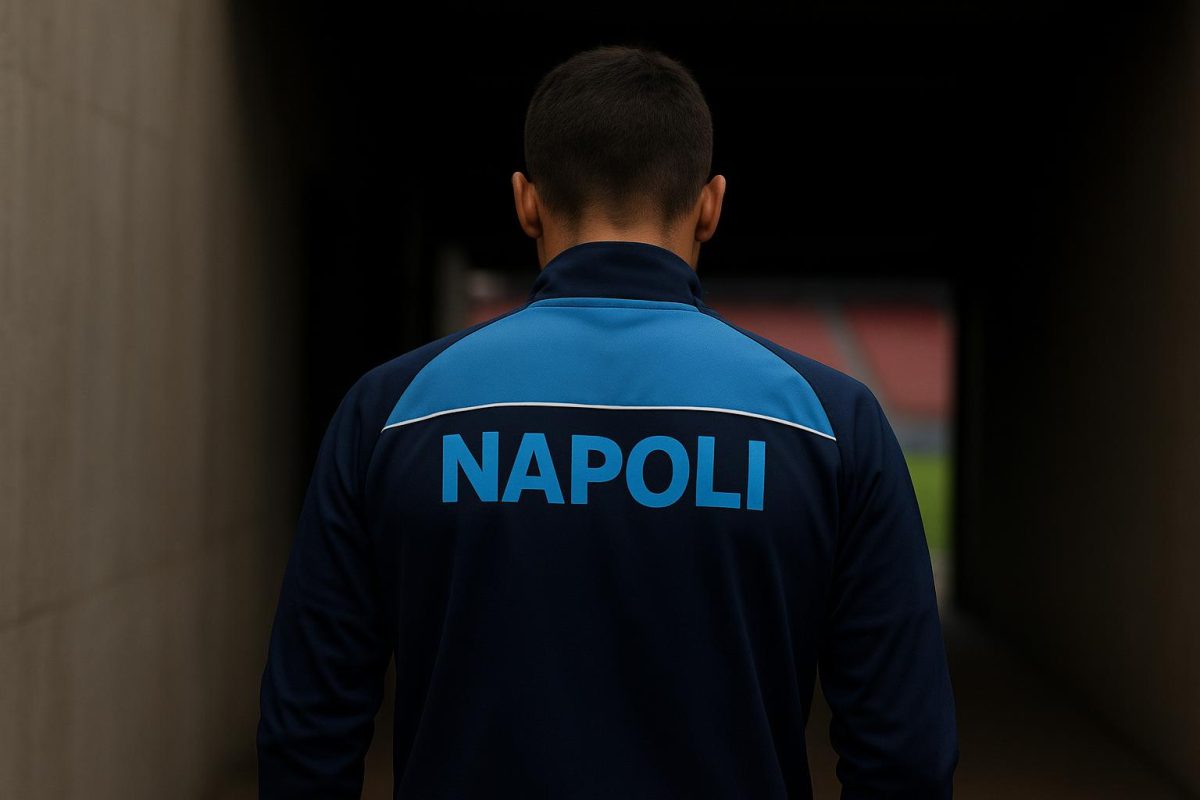 Een speler van Napoli op training, gezien van achteren, terwijl transfergeruchten rond de ploeg circuleren.