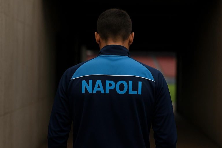 Een speler van Napoli op training, gezien van achteren, terwijl transfergeruchten rond de ploeg circuleren.