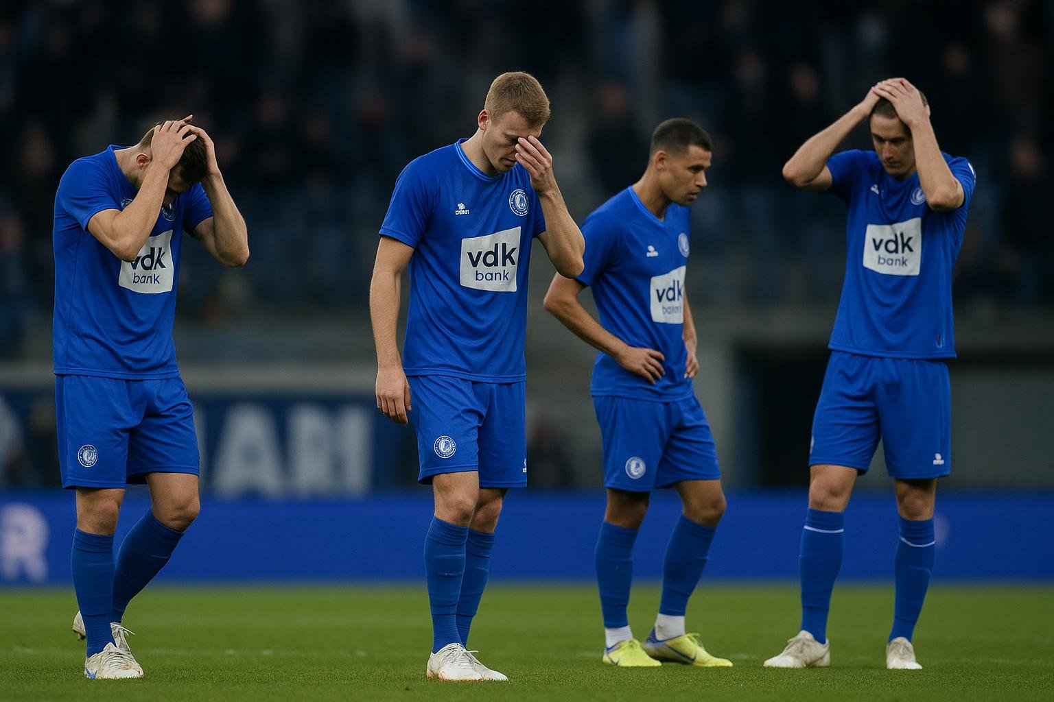 Spelers van KAA Gent reageren ontgoocheld na de bekeruitschakeling tegen Anderlecht