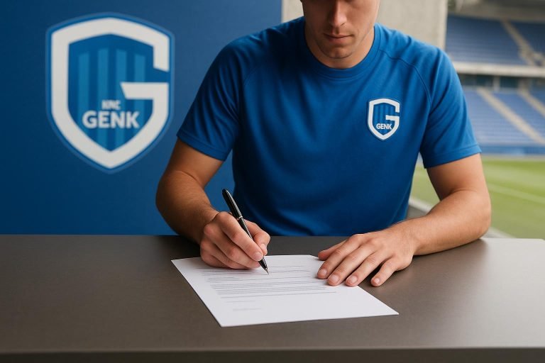 Beeld bij de contractverlenging van Robin Mirisola bij KRC Genk