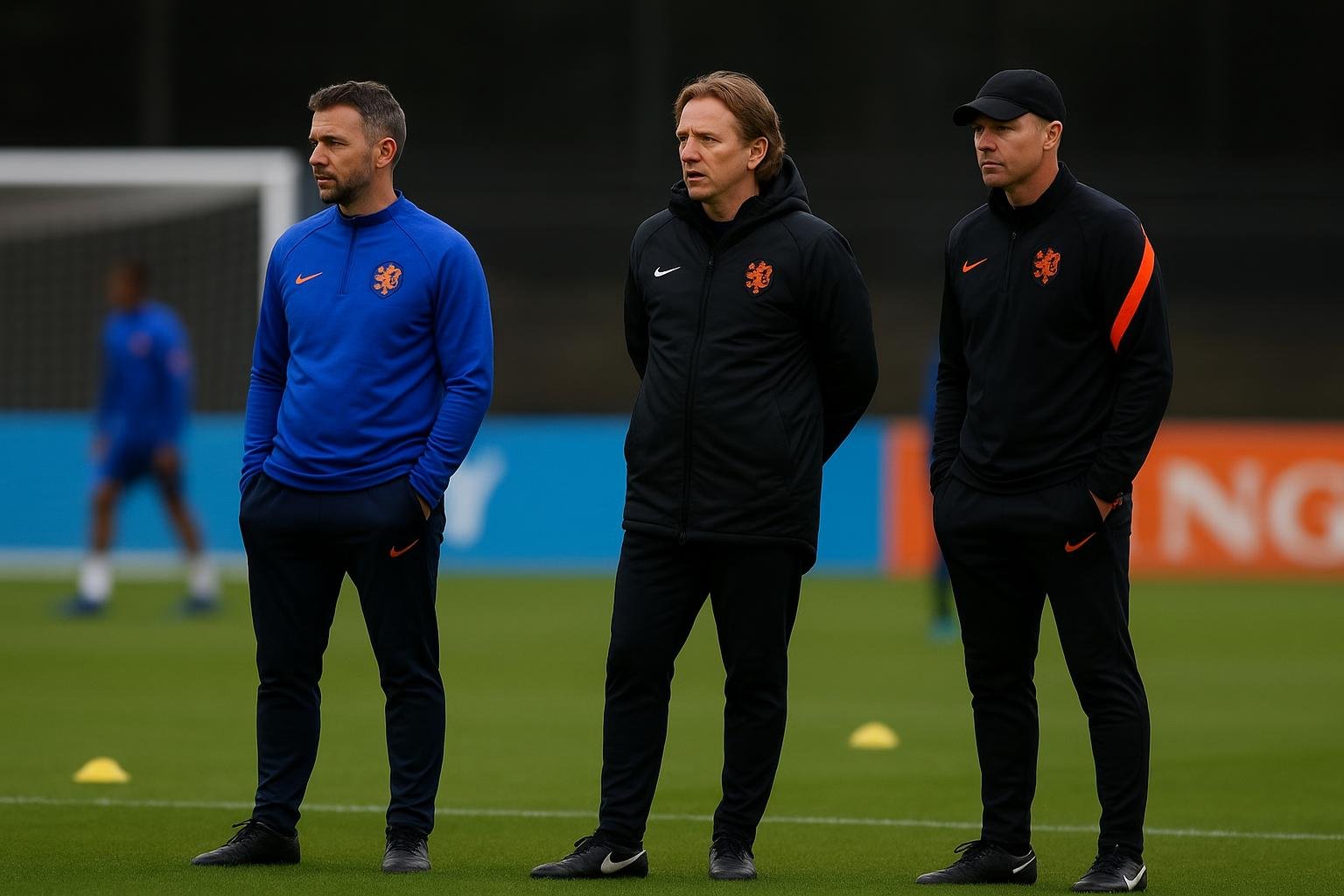 Sfeerbeeld rond het Nederlands elftal tijdens een trainingsmoment, met focus op de technische staf.