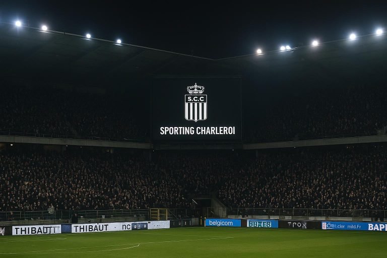 Sfeerbeeld van het stadion van Sporting Charleroi in de avond