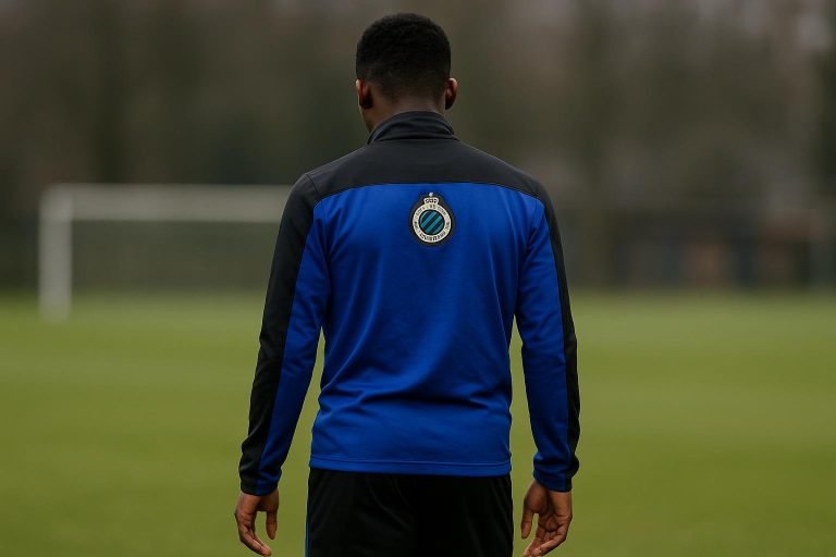 Raphael Onyedika van Club Brugge tijdens een training, gezien van opzij zonder herkenbare gezichten