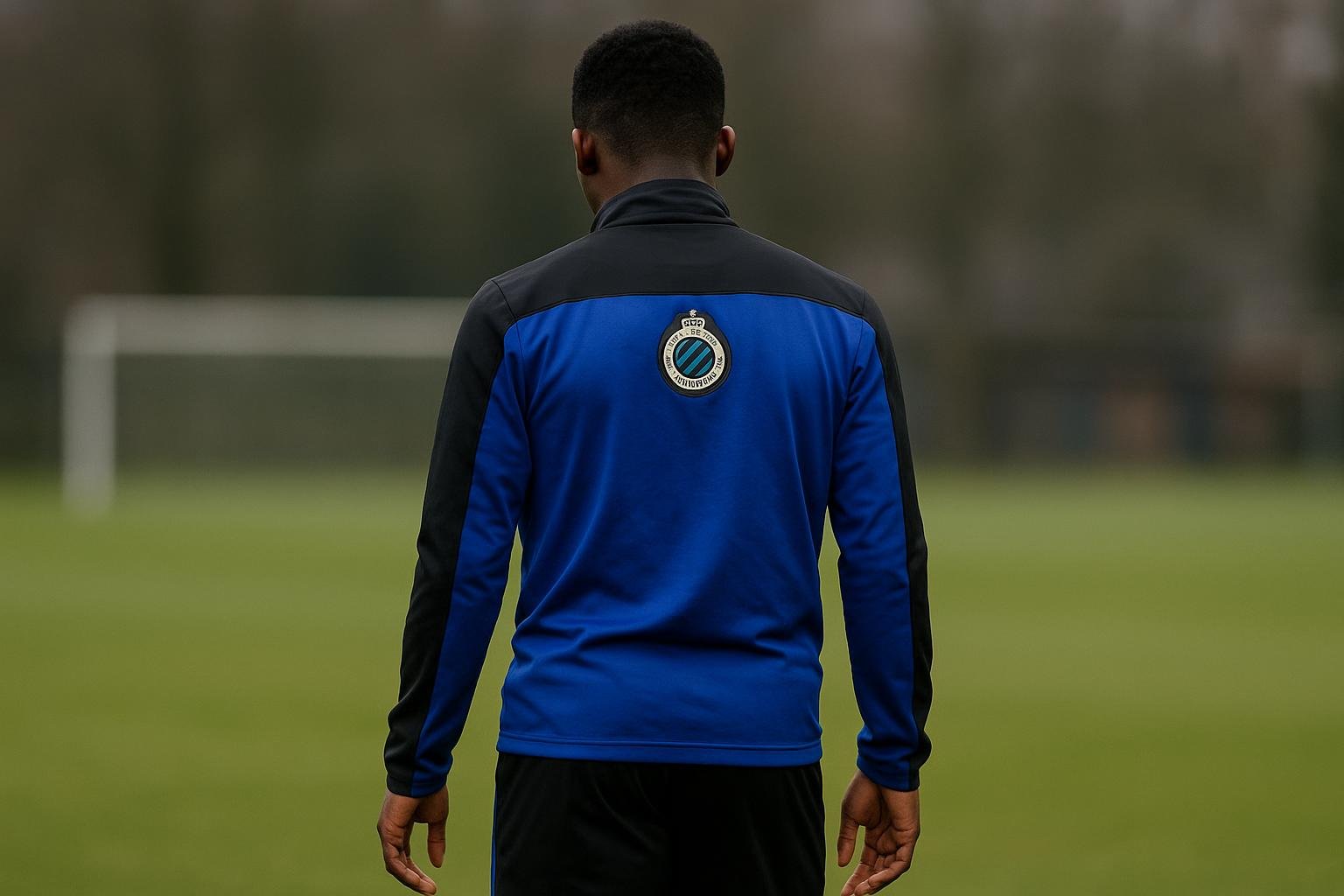 Raphael Onyedika van Club Brugge tijdens een training, gezien van opzij zonder herkenbare gezichten