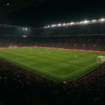 Luchtzicht op het stadion van Manchester United tijdens een avondmatch