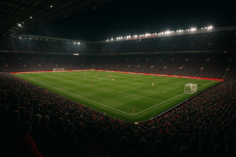 Luchtzicht op het stadion van Manchester United tijdens een avondmatch