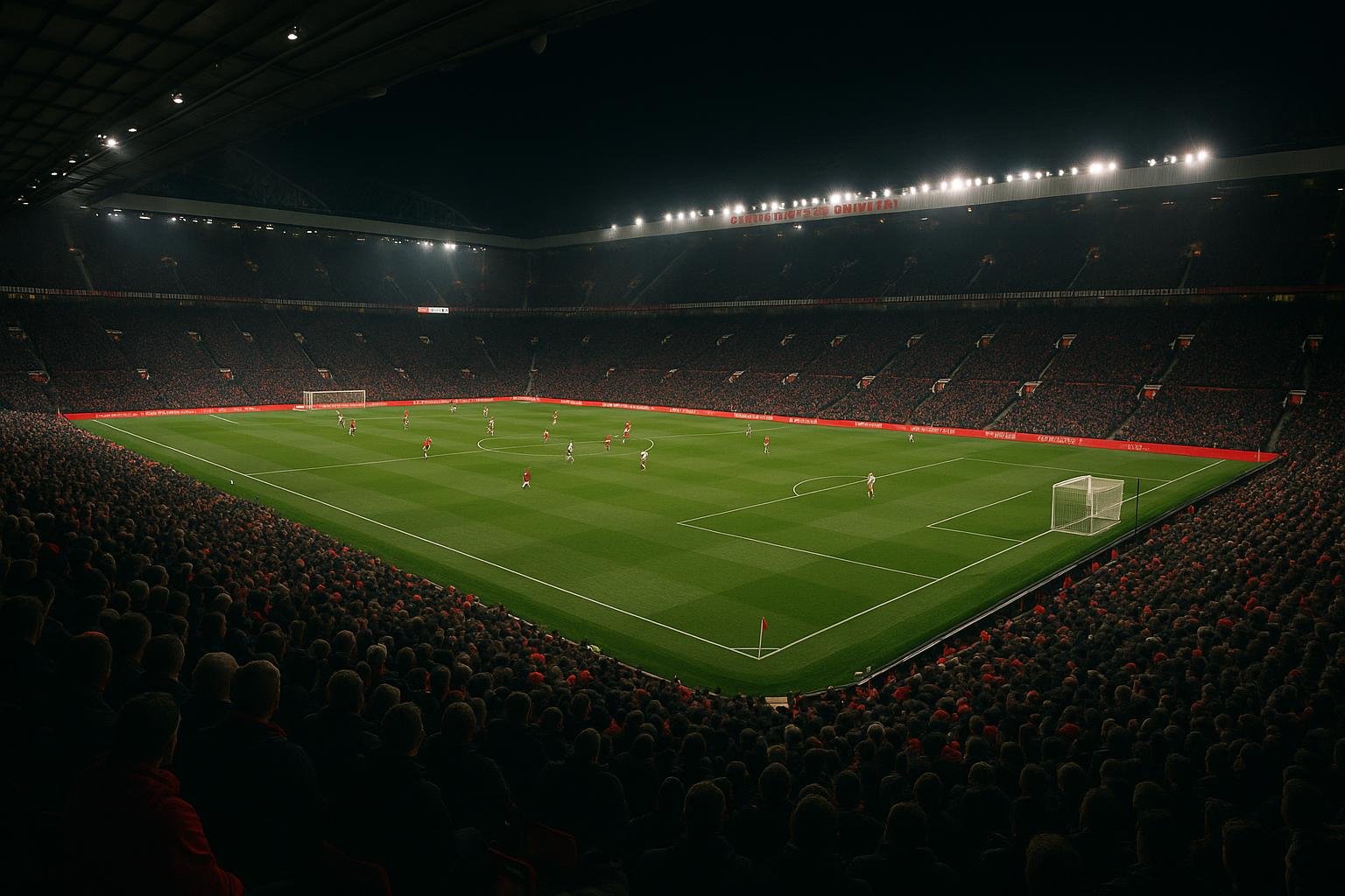 Luchtzicht op het stadion van Manchester United tijdens een avondmatch