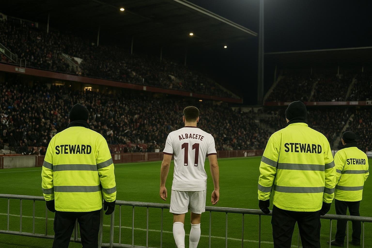 Sfeerbeeld van de tribunes in het stadion van Albacete tijdens een avondwedstrijd