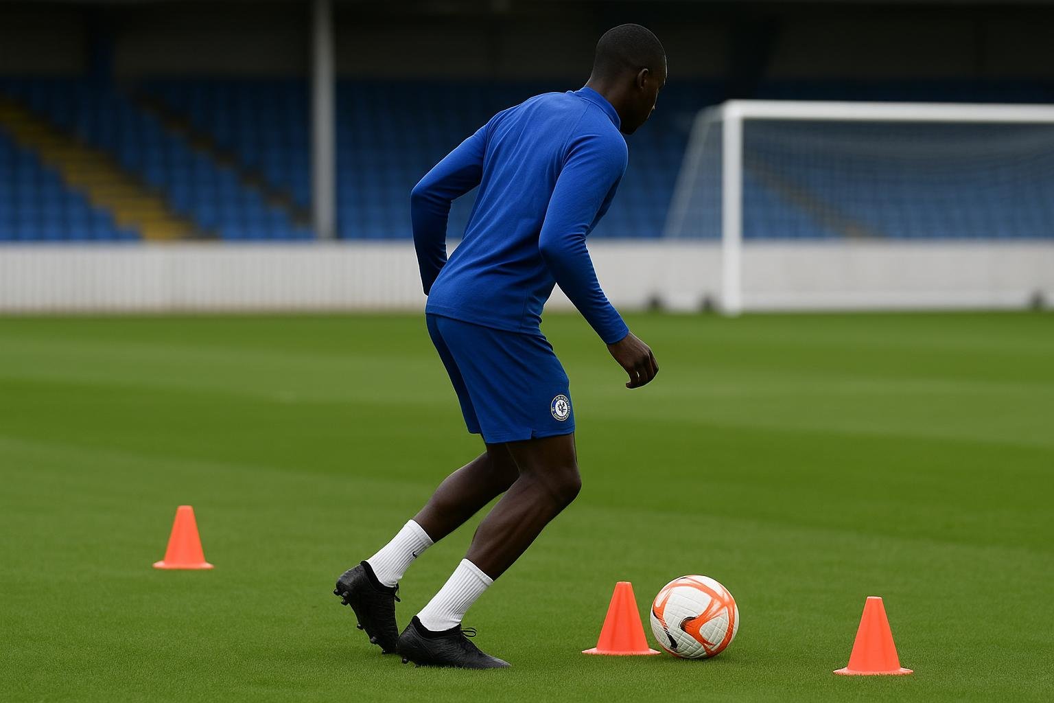 Romeo Lavia van Chelsea tijdens een trainingsmoment op het veld