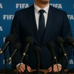Gianni Infantino in een persmoment rond de FIFA, met microfoons op de voorgrond.