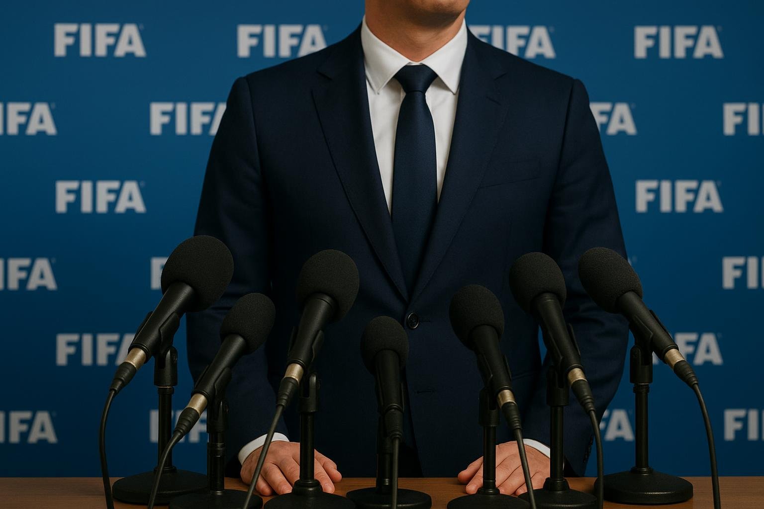 Gianni Infantino in een persmoment rond de FIFA, met microfoons op de voorgrond.