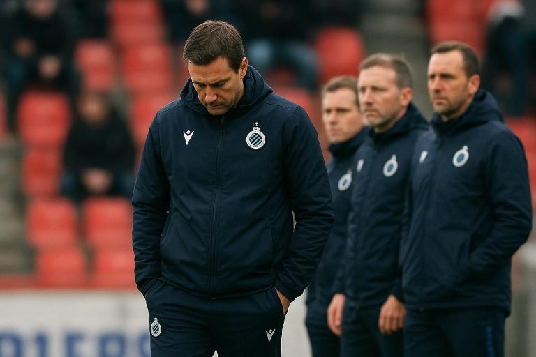 Ivan Leko reageert teleurgesteld langs de zijlijn bij Club Brugge na de nederlaag tegen La Louvière.