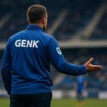 Nicky Hayen, coach van KRC Genk, langs de zijlijn tijdens een wedstrijdmoment.