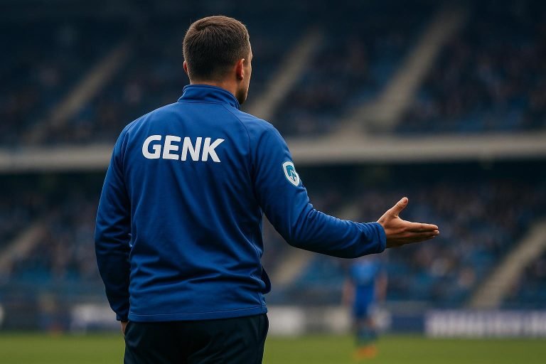 Nicky Hayen, coach van KRC Genk, langs de zijlijn tijdens een wedstrijdmoment.