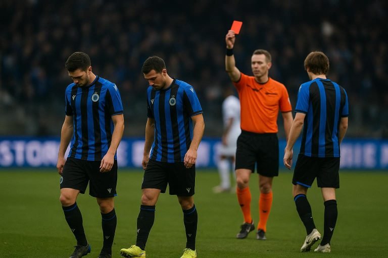 Spelers van Club Brugge in teleurstelling na een wedstrijd in eigen stadion
