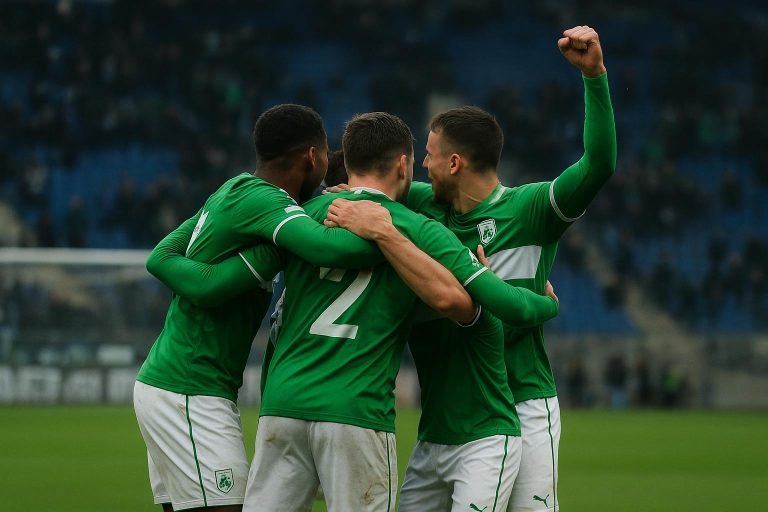 Spelers van RAAL La Louvière vieren op het veld van Club Brugge na de overwinning.
