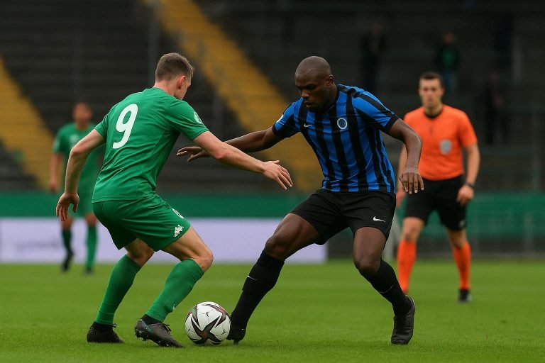 Spelmoment uit RAAL La Louvière tegen Club Brugge met spelers in duel na een kantelmoment in de tweede helft.