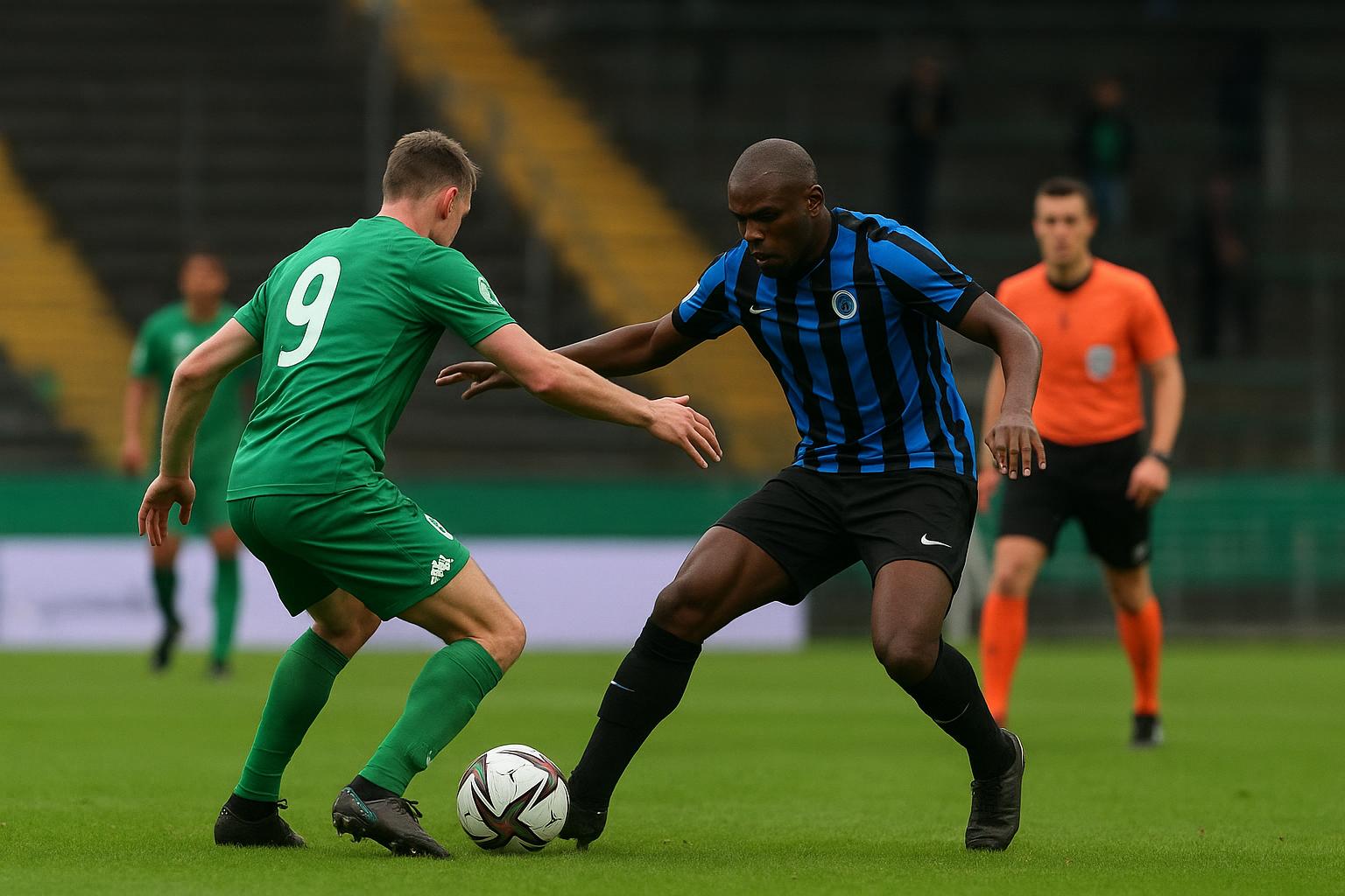 Spelmoment uit RAAL La Louvière tegen Club Brugge met spelers in duel na een kantelmoment in de tweede helft.