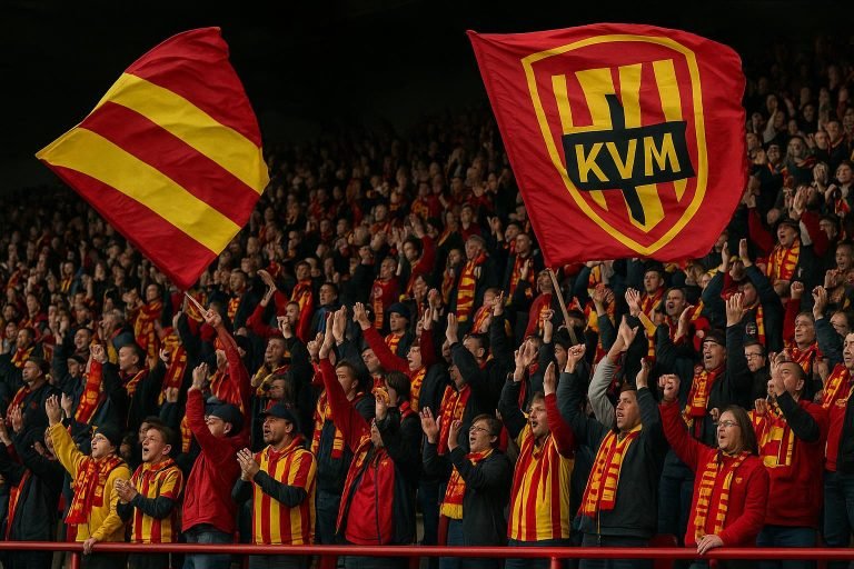 Supporters van KV Mechelen op de tribune Achter de Kazerne tijdens een wedstrijd