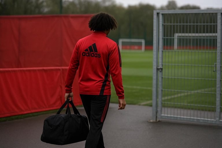 Joshua Zirkzee in een trainingscontext bij Manchester United, zonder herkenbare gezichten