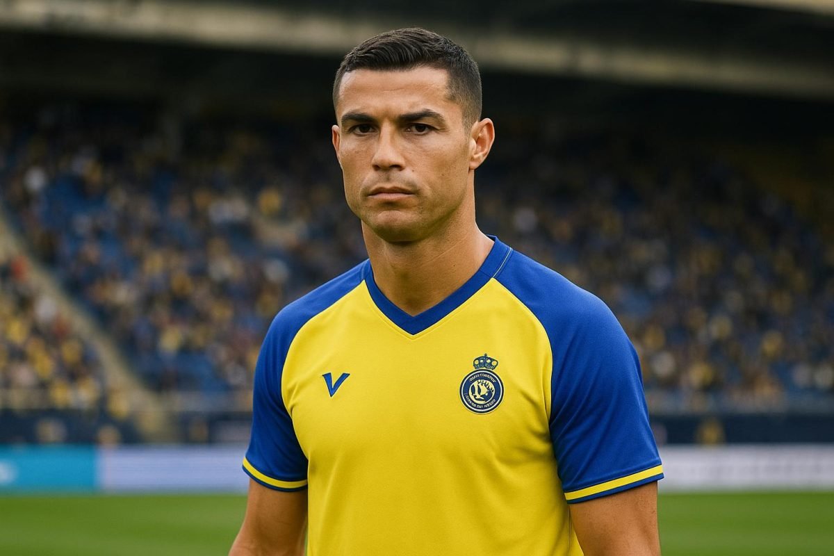 Cristiano Ronaldo in de kleuren van Al Nassr in een stadionomgeving