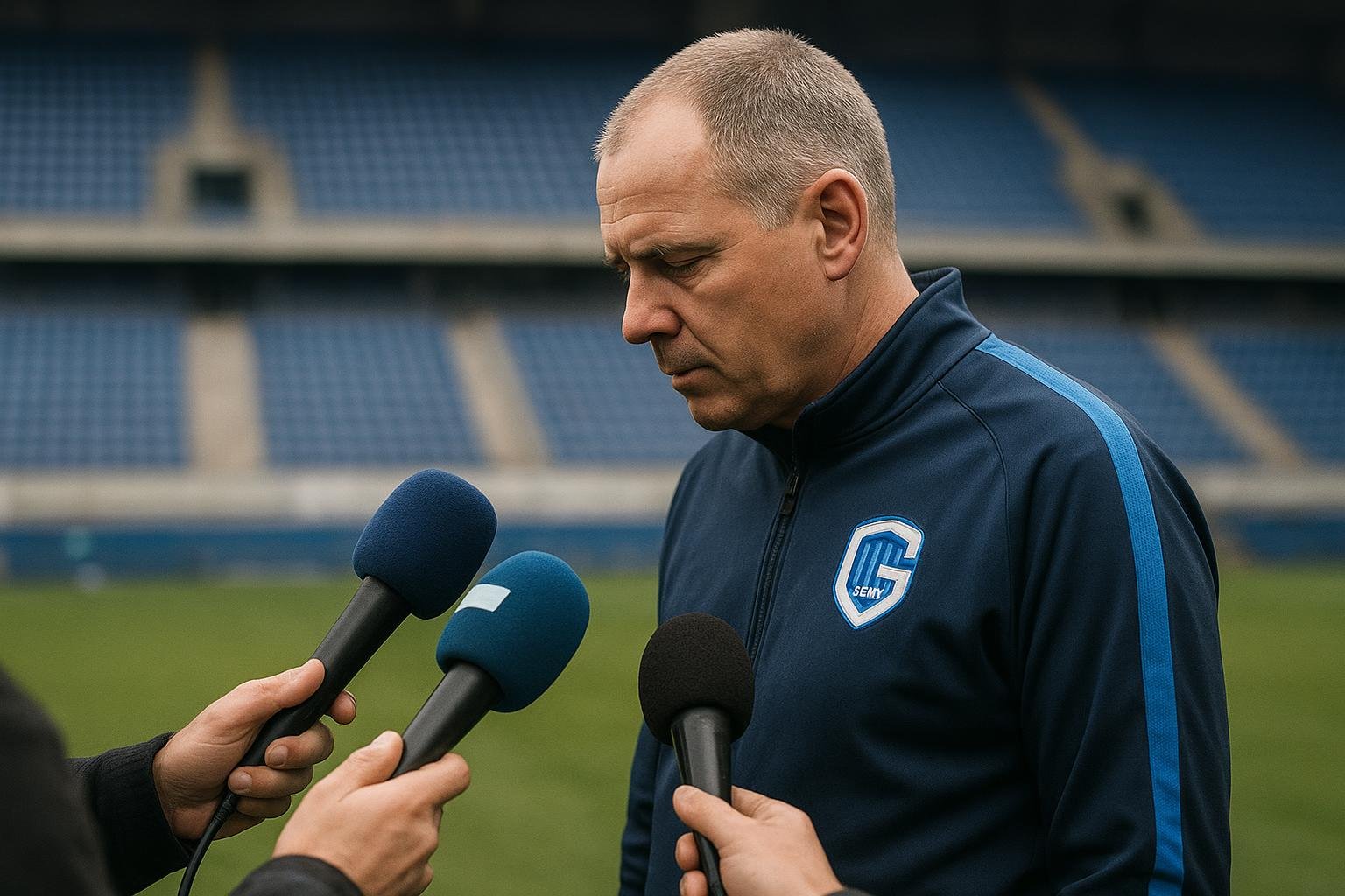 Nicky Hayen reageert langs de zijlijn na de nederlaag van KRC Genk tegen Zulte Waregem.