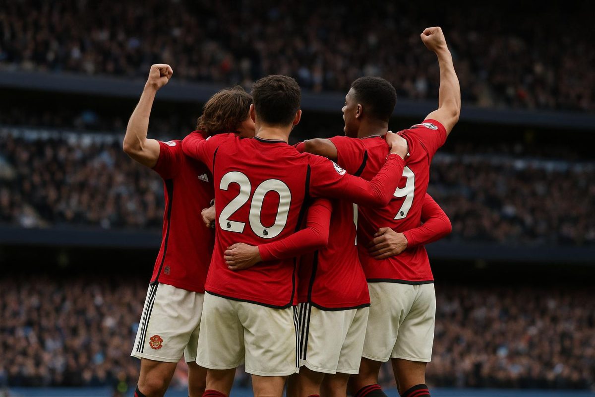 Spelers van Manchester United na afloop van de stadsderby tegen Manchester City