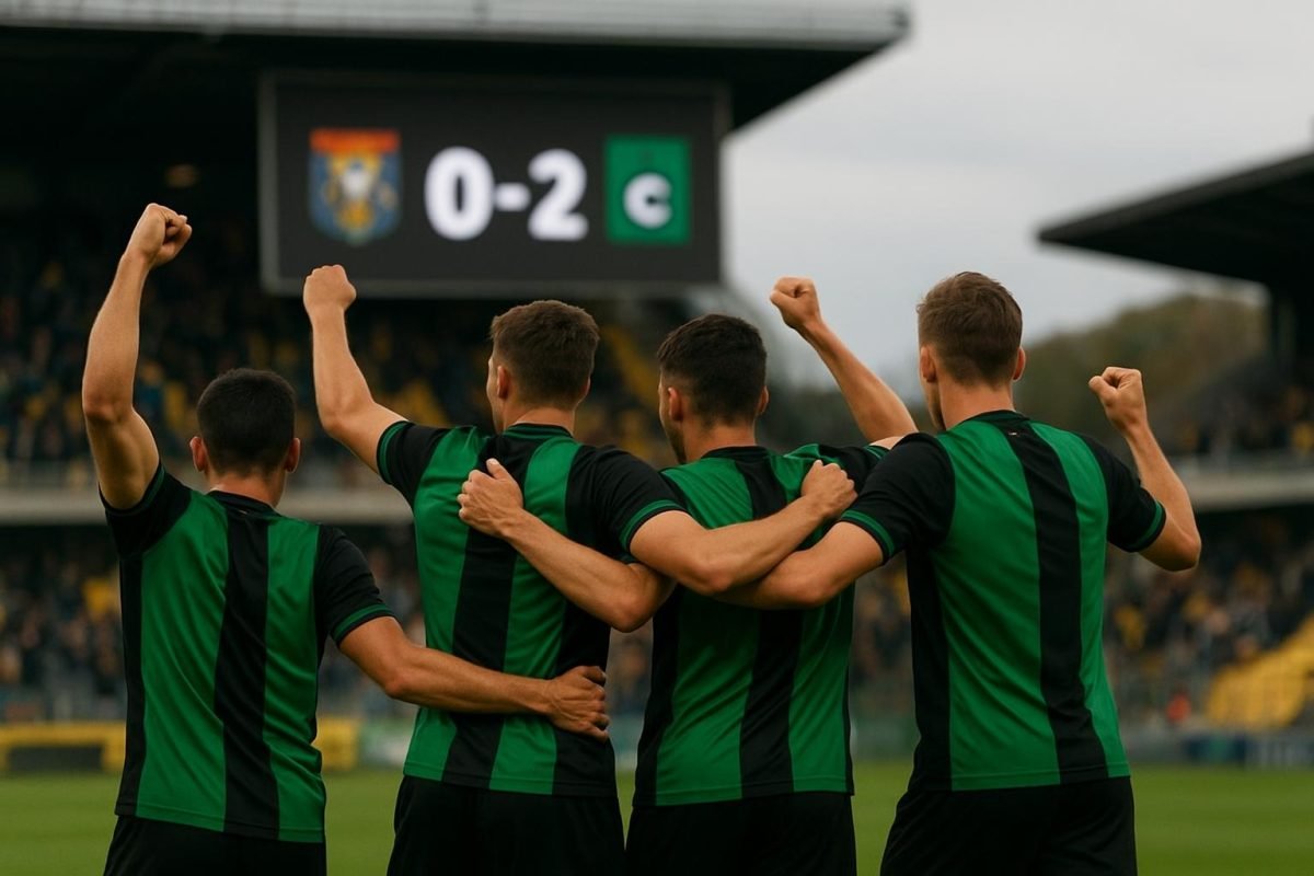 Spelers van Cercle Brugge vieren samen na de 0-2-zege op het veld van Westerlo