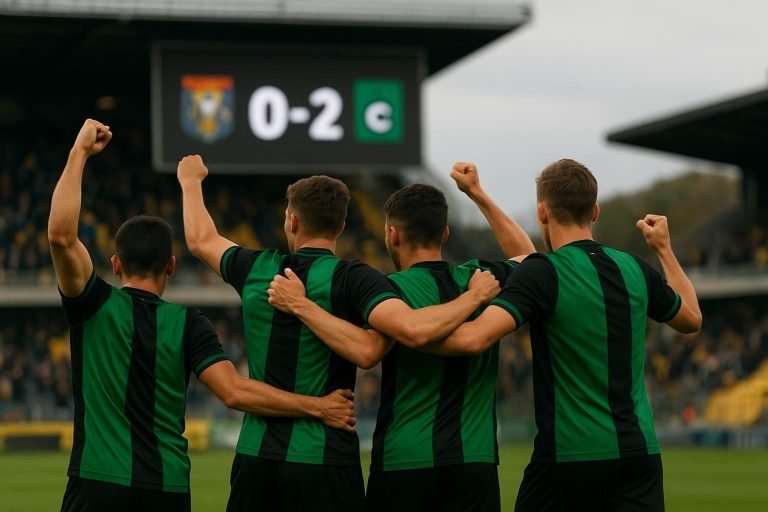 Spelers van Cercle Brugge vieren samen na de 0-2-zege op het veld van Westerlo