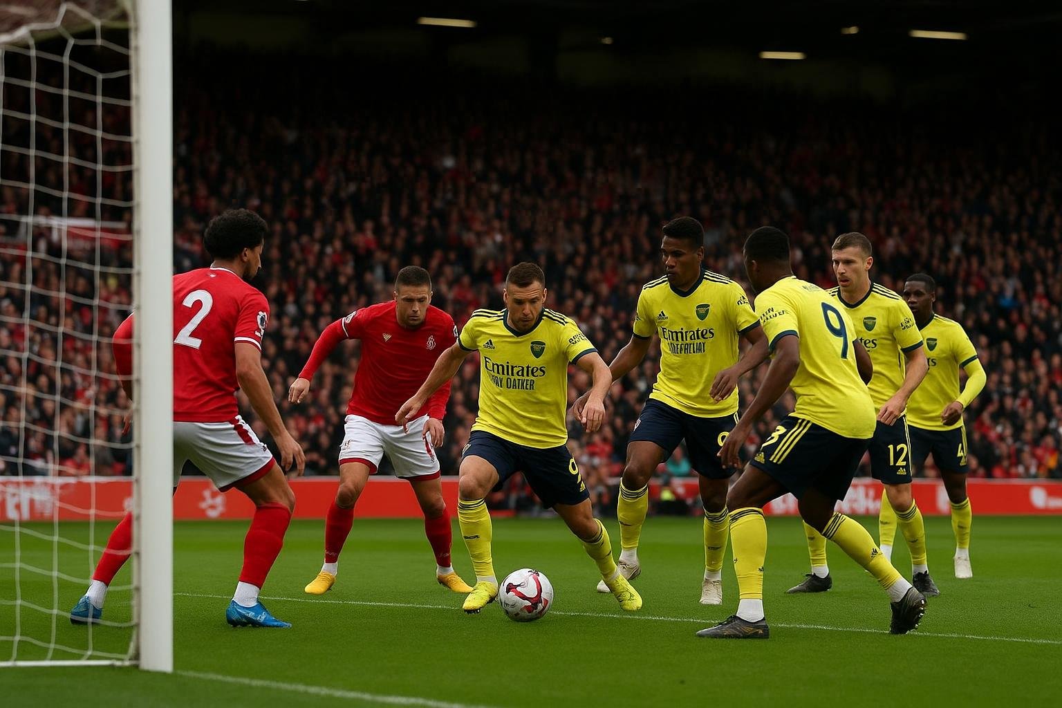 Arsenal-spelers in duel met Nottingham Forest tijdens een Premier League-wedstrijd