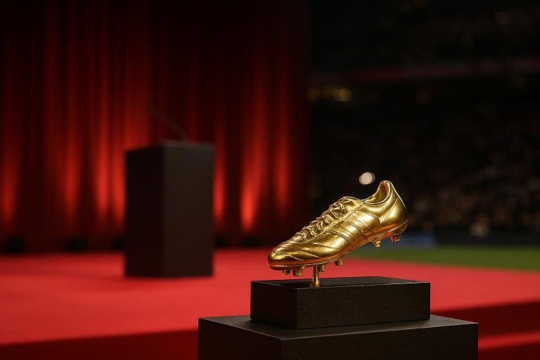 Sfeerbeeld van de Gouden Schoen-trofee tijdens een gala-avond