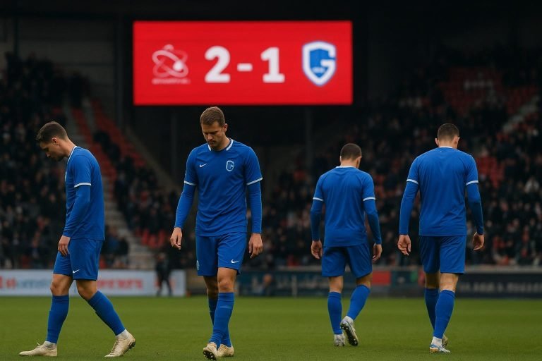 Spelers van KRC Genk stappen teleurgesteld van het veld na de 2-1-nederlaag bij Zulte Waregem.