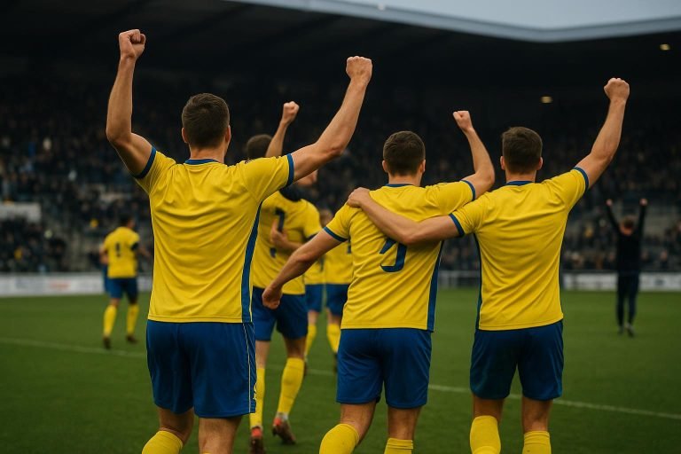 Spelers van SK Beveren vieren na afloop de 1-2-zege op het veld van KAS Eupen.