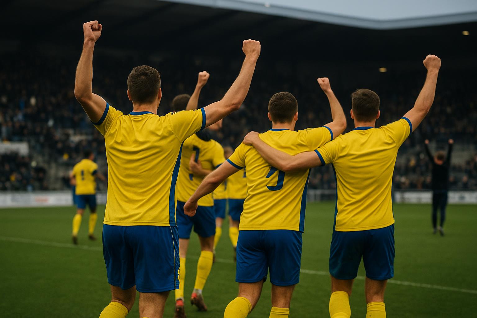 Spelers van SK Beveren vieren na afloop de 1-2-zege op het veld van KAS Eupen.