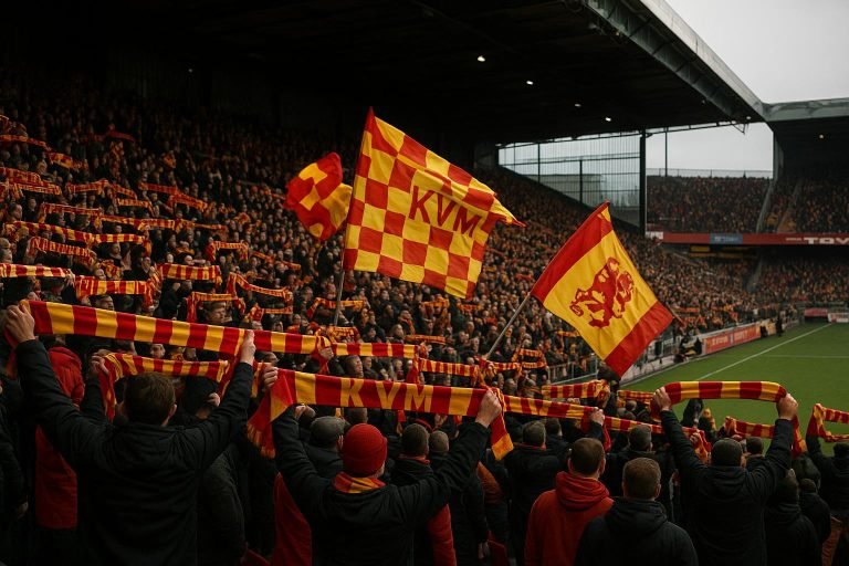 Supporters van KV Mechelen in het stadion tijdens een wedstrijd, met focus op sfeer en clubkleuren