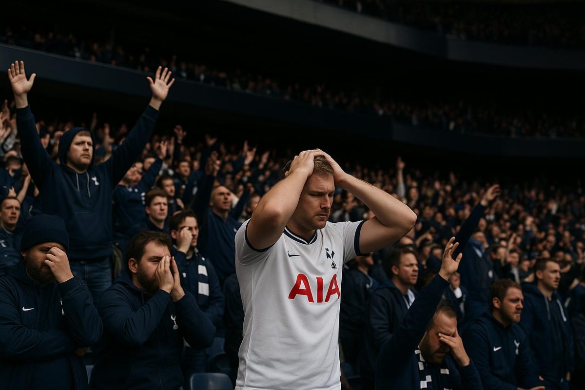 Sfeerbeeld in een stadion van Tottenham Hotspur tijdens een wedstrijd, met gespannen sfeer op de tribunes