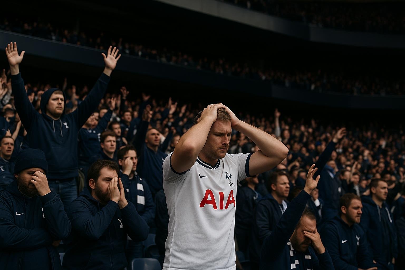 Sfeerbeeld in een stadion van Tottenham Hotspur tijdens een wedstrijd, met gespannen sfeer op de tribunes