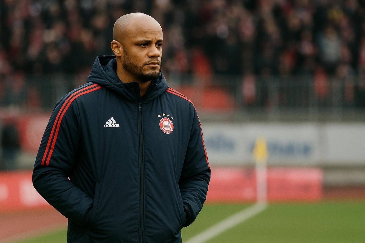 Vincent Kompany als coach van Bayern München langs de zijlijn tijdens een wedstrijd.