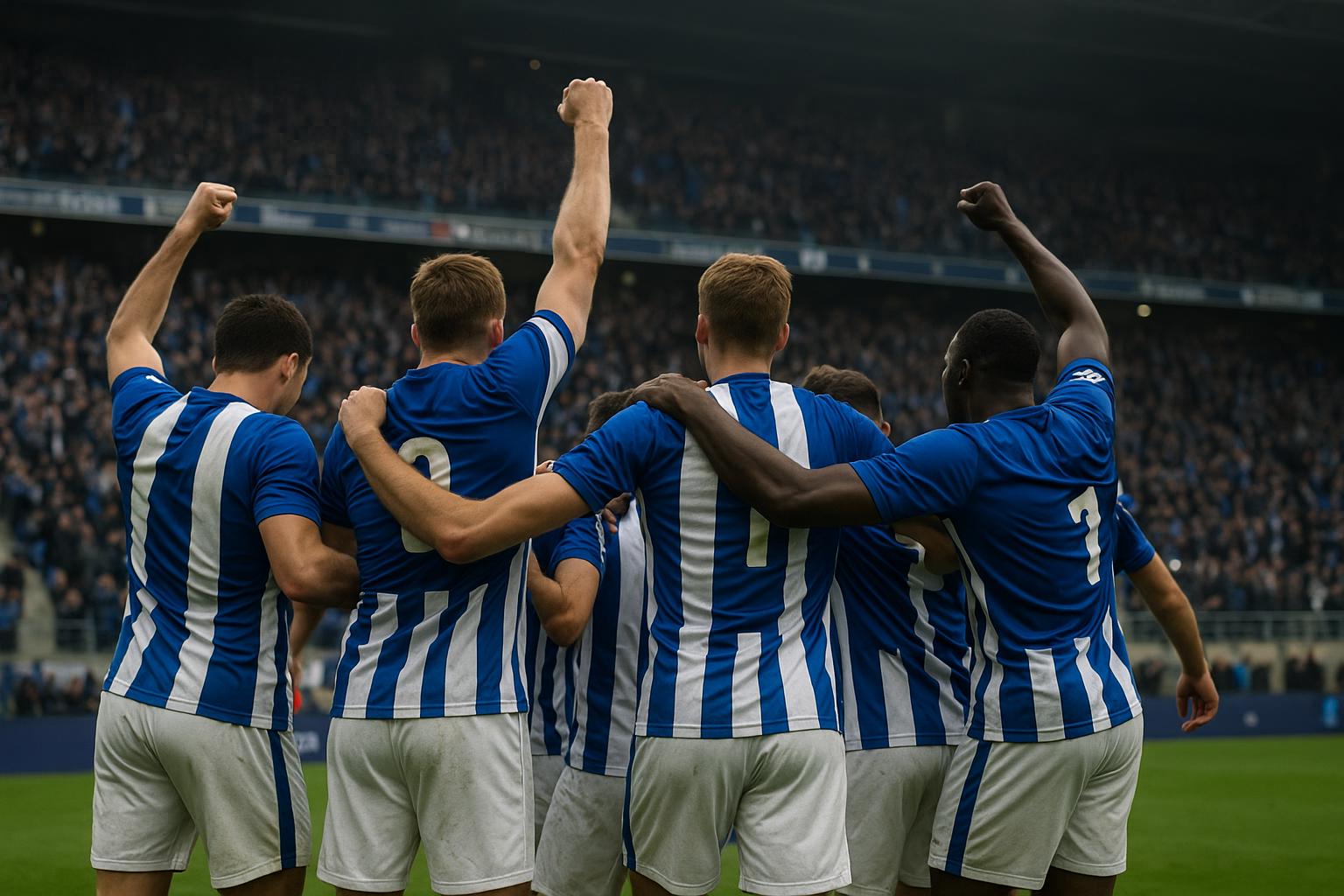 Spelers van KAA Gent vieren een overwinning in het stadion, gezien vanop afstand