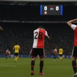 Spelers van Feyenoord reageren teleurgesteld na de stadsderby tegen Sparta Rotterdam in De Kuip