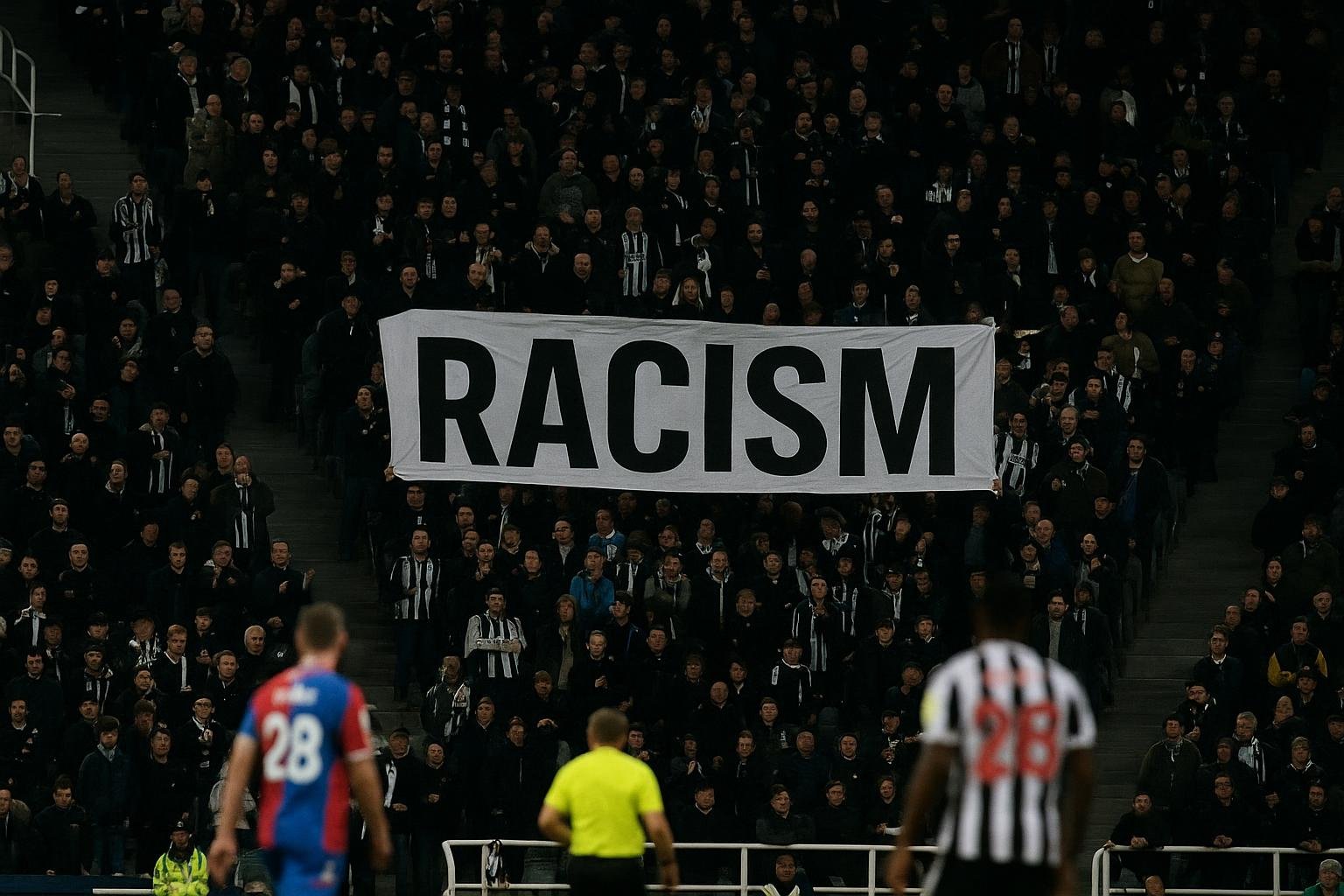 Distant shot van een wedstrijd van Newcastle United in een vol stadion