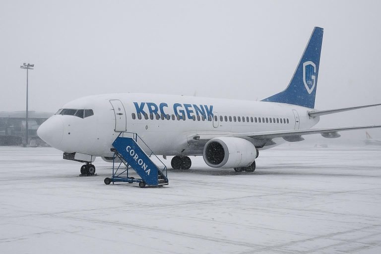 Vliegtuig staat stil op winterse luchthaven
