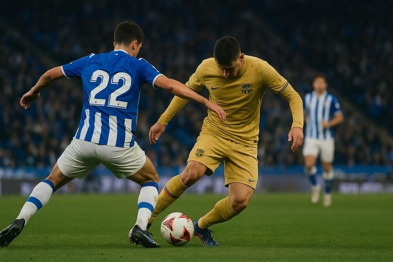 Spelmoment uit Real Sociedad tegen FC Barcelona in San Sebastián