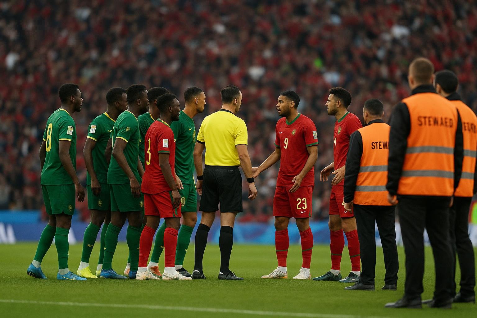 Grimmige sfeer rond het veld tijdens de finale van Senegal tegen Marokko op de Africa Cup