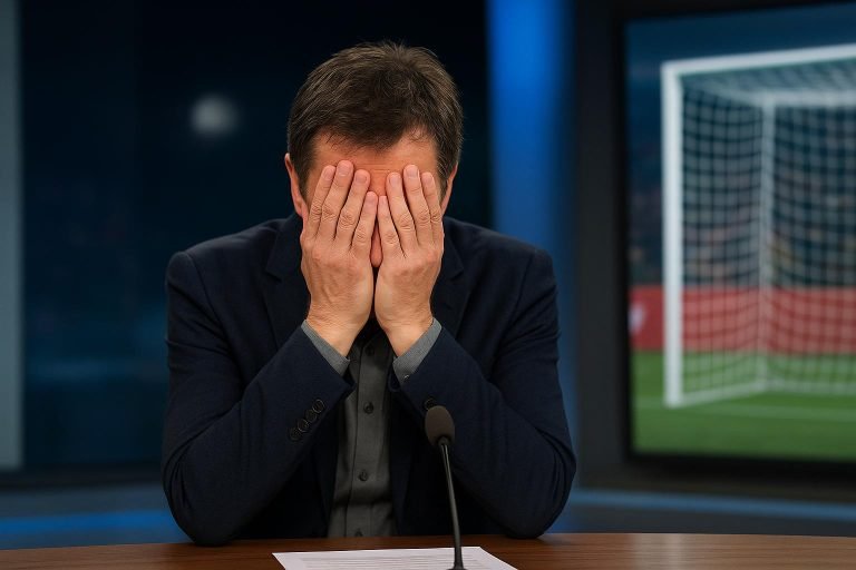 Khalid Boulahrouz reageert als analist in een tv-studio na een gemiste strafschop