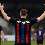 Bruny Nsimba viert een doelpunt met FCV Dender tijdens een wedstrijd