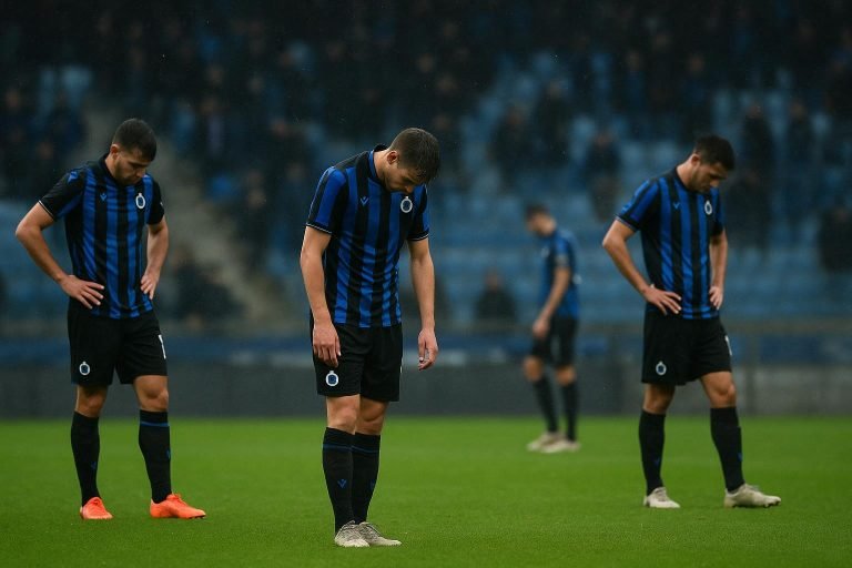 Spelers van Club Brugge druipen teleurgesteld af na een wedstrijd