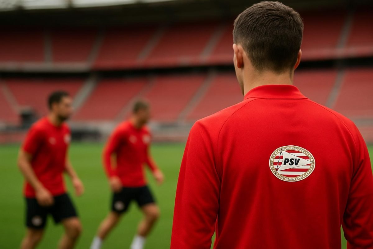 Trainingscontext bij PSV in de winter, zonder herkenbare gezichten, in aanloop naar transfernieuws rond Jerdy Schouten.